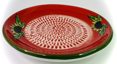 BonCera, All-in-one 4pcs Premium Ceramic Garlic Grater Set - HandMade, Red Sunflower Design Grater Plate w/Garlic Peeler, Gathering Brush, Display Stand, It's also grating Turmeric, Ginger, and more.