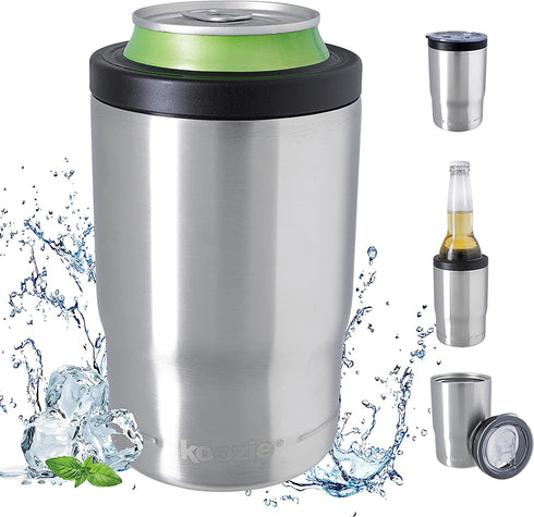 KOOZIE Stainless Steel Triple 3-in-1 Can Cooler, Bottle or Tumbler with Lid for 12 oz Standard Cans | Double Wall Vacuum Insulated for Hot and Cold Drinks (Silver)