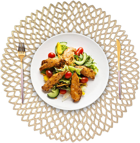 Placemats Set of 6,Pressed Vinyl Table mat,Gold Round Metallic Hollow placemat,Non-Slip Washable PVC Chargers Place mat for Dining,Wedding,Holiday,Party.