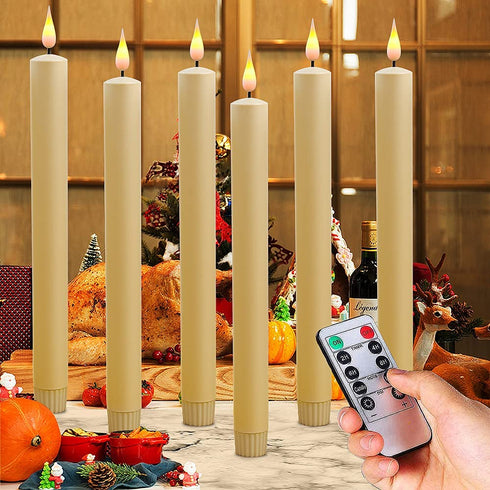 Ivory Taper Candles LED Flameless Window Candles,Battery-Powered,with Remote Control and Timer Flickering ,Suitable for Dinner Party Wedding Window Christmas Decorations(10x0.83 Inches, Set of 6)