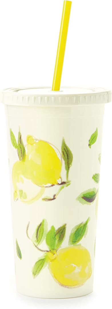 Kate Spade New York Insulated Tumbler with Reusable Straw, 20 Ounce Travel Cup with Lid, Lemons