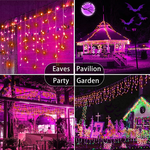 Hezbjiti Halloween Orange & Purple Lights Outdoor Decorations, 800 LED 65.6 FT 8 Modes 150 Drops Fairy String Curtain Lights for Halloween Decor Eaves Window Party Yard Garden Indoor