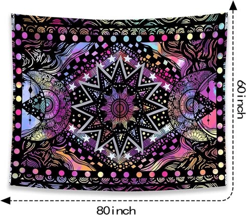 Fowocu Psychedelic Colorful Sun and Moon Tapestry Wall Hanging, Indie Hippie Mandala Cool Trippy Wall Tapestries, Purple Blacklight Tapestry for Bedroom Living Room Dorm (Multi Color, 60'' — 80'')
