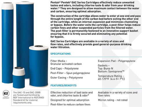 Pentair Pentek GAC-10 Carbon Water Filter, 10-Inch, Under Sink Granular Activated Carbon (GAC) Replacement Cartridge, 10" x 2.5" , Blue