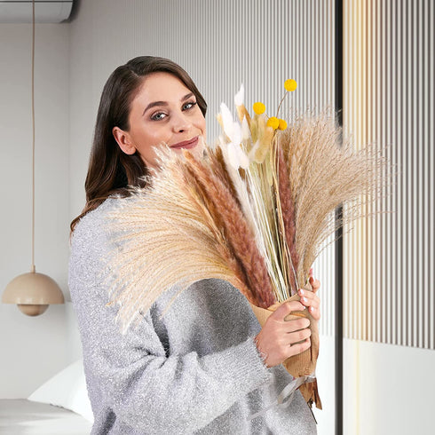 Mckanti Dried Pampas Grass, 80 Pcs Natural Pampas Grass, with 6 Colors DIY 17.7" Pampas Grass Dried Flowers, Boho Home Wedding Party Decor.