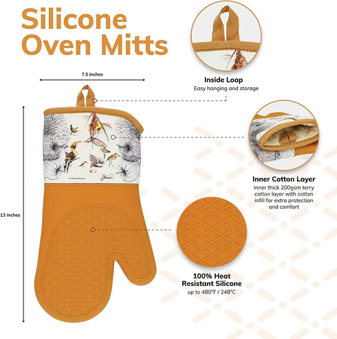 JTMUSES Kitchen Oven Mitts-Heat Resistant Silicone-480°F-Non-Slip Pot Holders-Thick Quilted Terry Cotton Interior-Flexible for Bakers-Design of Birds of Asia-The Wings Collection-Set of 2