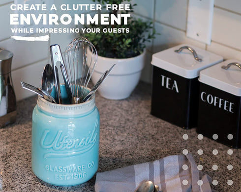 Comfify Wide Mouth Mason Jar Utensil Holder Decorative Kitchenware Organizer Crock, Chip Resistant Ceramic, Dishwasher Safe - Kitchen Caddy Aqua Blue for Countertop, Large Size 7" High