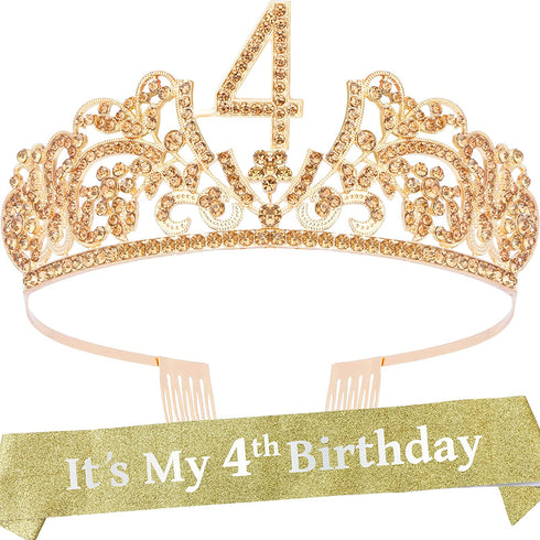 4th Birthday Gifts for Girl, 4th Birthday Tiara and Sash, 4th Birthday Decorations for Girl, 4th Birthday Crown and Sash for Girl, Birthday Crowns for Girl 4, Birthday Gifts for 4-Year-old Girl