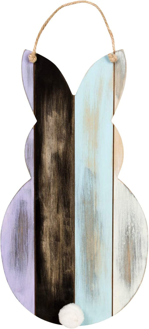 Rustic Wood Easter Bunny Silhouette with Pom Pom Tail Hanging Front Door Decor Sign - Wall Art Spring Decoration (Blue)