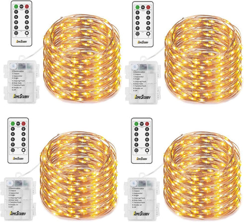 4 Pack Christmas Fairy String Lights, Battery Operated Waterproof 8 Modes Remote 50 Led 16.4ft Indoor Lights Copper Twinkle Lights for Bedroom Wedding Party Dinner Festival Decor (Warm White)