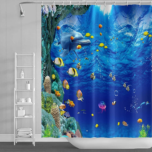 Yeele Shower Curtain Fish Ocean Shower Curtain Under The Sea Shower Curtain for Bathroom Waterproof Polyester Sea Bathtub Curtain Decor with Hooks,69x70in