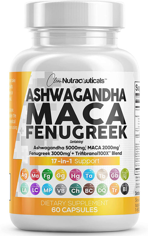 Ashwagandha 5000mg Maca Root 2000mg Fenugreek 3000mg Supplement with Tongkat Ali Ginseng - Assists with Stress, Mood & Thyroid Health - Ashwagandha Capsules Maca Pills Fenugreek Caps USA - 60 Count