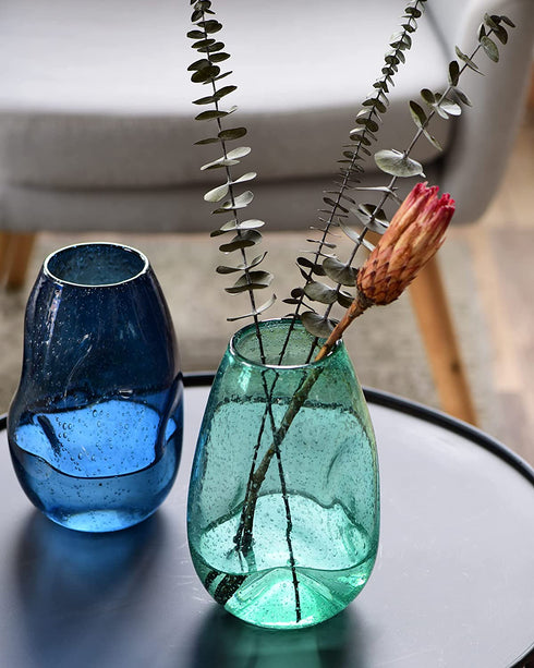 CASAMOTION Glass Vase for Home Decor Hand Blown Seeded Glass Bumpy Flower Vase Table Centerpiece for Kitchen,Wedding Party Decoration for Living Room,Green 8.7 inch Height