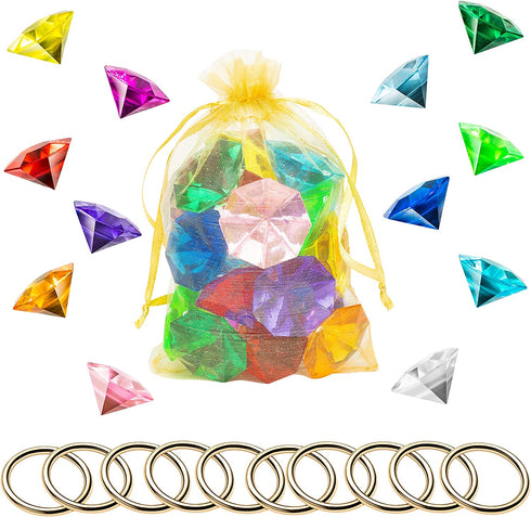 PANTIDE 35Pcs Acrylic Diamond Gems Jewels Alloy Gold Round Ring Set The Blue Hedgehog Chaos Emeralds Power Rings Party Favor Supplies Cake Decoration Pirate Treasure Chest Hunt for Kids with Bag