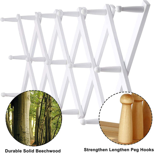 Dseap Accordian Wall Hanger: 16 High Wooden Wall Expandable Coat Rack, Hat Rack Holder, Accordion Hook for Baseball Caps, Coats, Mugs, 17 Peg Hooks, White