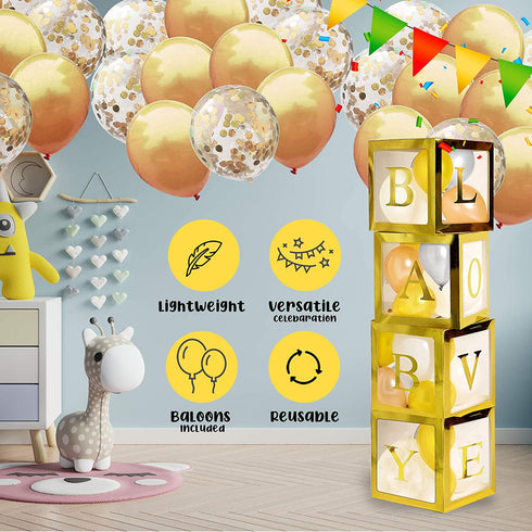 Gold Gender Reveal Party Decorations Set for Boy, Girl - 49 Pcs Clear Baby Boxes with Letters for Baby Shower Decorations for Girl and Boy - 1st Birthday Party Decoration