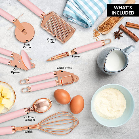 7 pieces Kitchen Gadget Set Copper Coated Stainless Steel Utensils, kitchen gadgets,utensil sets,Non-stic - Best Kitchen Cookware with Soft Touch Pink Handles(Pink)