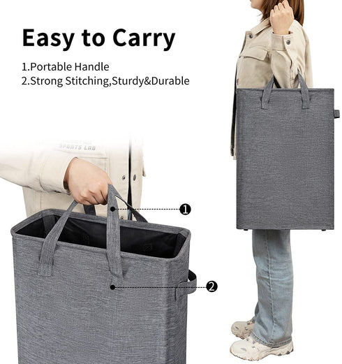 ZERO JET LAG Slim Laundry Hamper Handles Collapsible Laundry Basket Thin Dirty Clothes Basket Narrow Laundry Bag Foldable Dirty Hamper 45L (21 inches,Dark Grey)