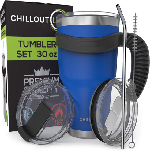 Stainless Steel Travel Mug with Handle 30 oz - 6 Piece Set. Tumbler with Handle, Straw, Cleaning Brush & 2 Lids. Double Wall Insulated Large Coffee Mug Bundle - Royal Blue Powder Coat Tumbler