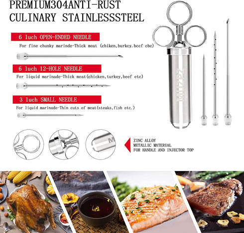 Stainless Steel Meat Injector Kit, Meat Injector Syringe with Needles, Seasoning Injector Marinades for Meats, MUZPZ Turkey Injector Marinade Flavors with 3 Marinade Needles for BBQ Grill Smoker