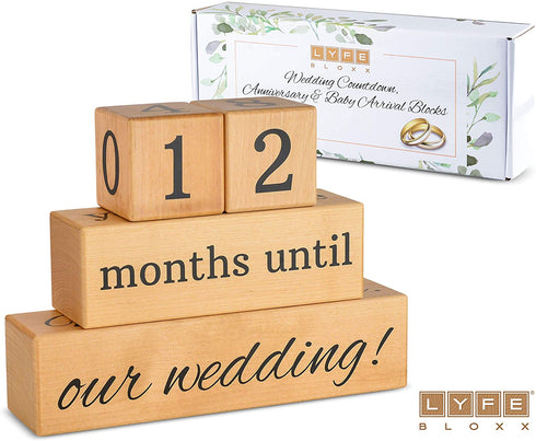 Solid Maple Wood Wedding Countdown, Baby Arrival & Anniversary Blocks - Engagement Gifts for Couples - Bridal Shower Gifts - Wedding Gifts for The Couple - Anniversary for Couples - Bride Gifts