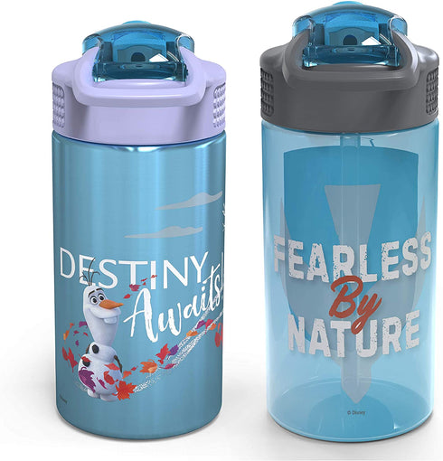 Zak Designs Disney Frozen 2 Kids Water Bottle Set with Reusable Straws and Built in Carrying Loops, Made of Durable Stainless Steel & Plastic, Leak-Proof Bottle Design (Elsa/Anna, BPA-Free, 2pc Set)