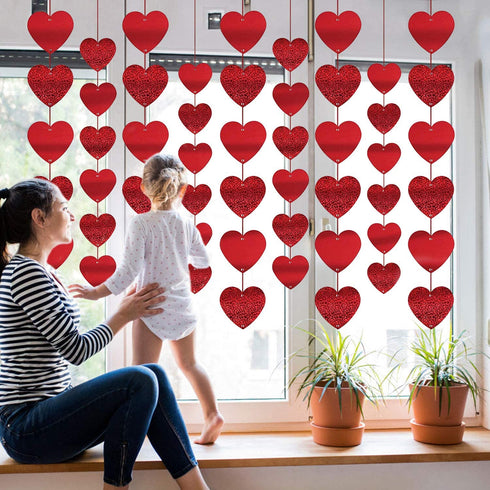 90 Hearts Valentines Day Heart Banner Felt Red Heart Shape Hanging String Garland Party Decor Valentines Day Decorations for Wedding Anniversary Birthday Home Valentines Party Supplies(15 Pcs)