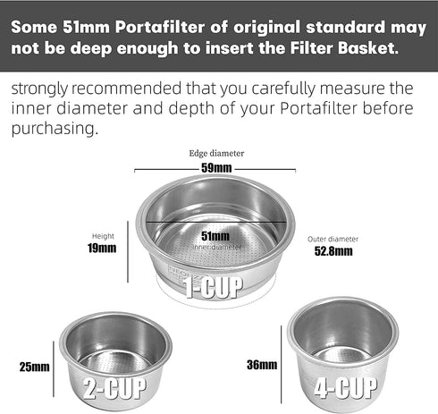 51mm Stainless Steel Filter Basket 1/2/4 Cup for Espresso Bottomless Portafilter,compatible with Delonghi,Breville 51mm Coffee Machine.Gift: Blind Filter and Scoop Clip.