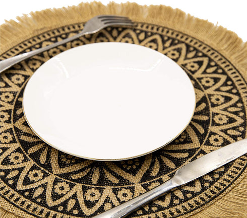 CAPASIN Boho Round Placemats Set of 4 Brown Dining Modern Dinner Braided Beige Table and Fall Circle Runner Kitchen Plate Mats Runners for White Place with Fringe Gold(Brown Tassel A)