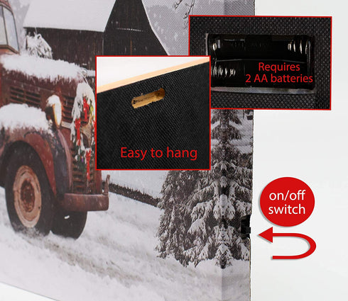 Lighted Vintage Red Truck Canvas Wall Art - LED Picture with Christmas Tree and Old-Fashioned Red Pick-Up Truck Winter Scene - Barn and Farmstead Setting