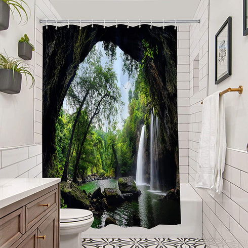 Nature Shower Curtain Polyester, Tropical Cave Waterfall Forest Mountain in National Park Scene Bath Curtains for Shower, Landscape Fabric Bathroom Decor Set with Hooks