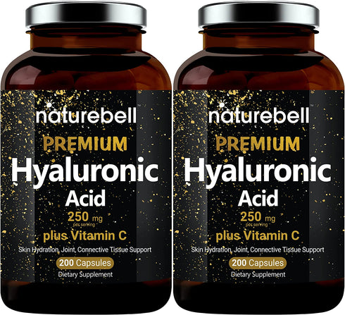 2 Pack NatureBell Hyaluronic Acid Supplement, 250mg Hyaluronic Acid with 25mg Vitamin C Per Serving, 200 Capsules, 2 in 1 Formula, Supports Skin Hydration, Joints Lubrication and Antioxidant, No GMOs