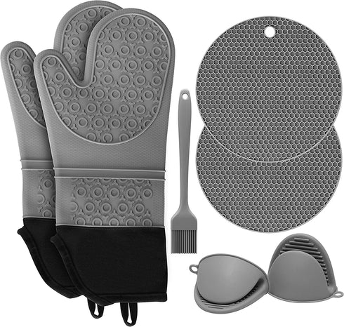 SD SENDAY Silicone Oven Mitts Baking Set, Extra Long 7Pcs Heat Resistant Non-Slip Cotton Lining Gloves with Mini Oven Gloves and Hot Pads Potholders & Brush for BBQ Kitchen Baking Cooking