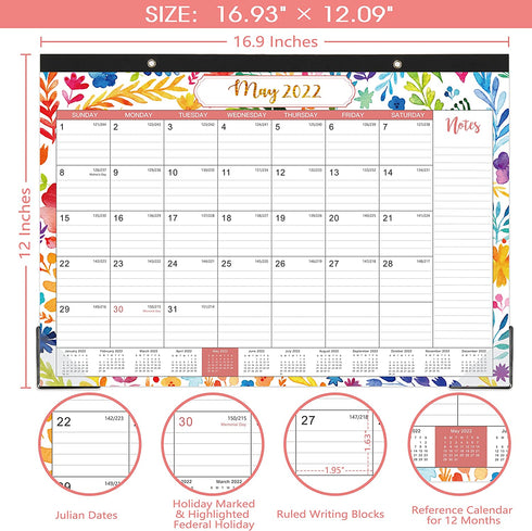 2022 Desk Calendar - Yearly Desk Calendar 2022, Desk/Wall Monthly Calendar Pad, 17" x 12", January 2022 - December 2022, Desk Calendar with Ruled Blocks, Note Section, Corner Protections