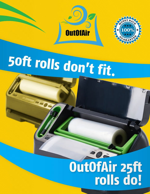 6" x 25' Rolls (Fits Inside Machine) - 4 Pack (100 feet total) OutOfAir Pint Vacuum Sealer Rolls. Works with FoodSaver Vacuum Sealers. 33% Thicker, BPA Free, Sous Vide, Commercial Grade
