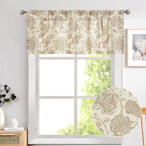JINCHAN Valance Curtain Kitchen Farmhouse Window Valance for Living Room Linen Scroll Paisley Valance for Bedroom Bathroom Floral Printed Tie Up Small Valance 20 Inch 1 Panel Rod Pocket Taupe on Beige