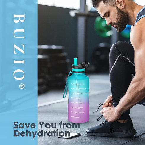 64oz Half Gallon Water Bottle with Time Marker, BUZIO Water Jug with Spout & Straw lid, BPA Free 1/2 Gallon Water Bottle with Straw & Handle for Fitness Outdoor, Ombre Green Pink Purple