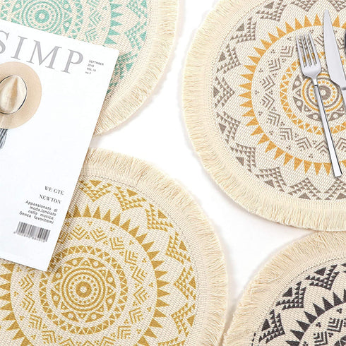OJIA Round Placemats Set of 4,Boho Tassels Table Mats 13 Inch Black and Cream Cotton Woven Heat Proof Washable Circle Kitchen Placemats for Table Dinner Wedding Home Decoration