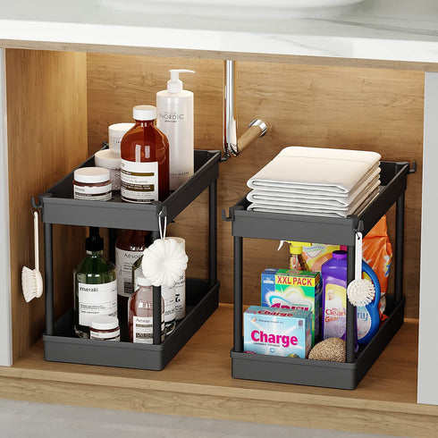Under Sink Organizer and Storage, DUSASA 2-Tier Under Bathroom Sink Organizer Bath Collection Basket with 4 Hooks,Under Sink Shelf Organizer Rack,Multi-purpose Under Sink Storage for Bathroom