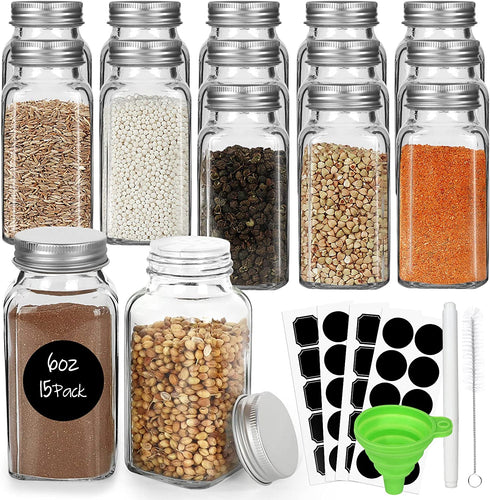 CycleMore 15 Pcs 6oz Glass Spice Jars Bottles, Square Spice Containers with Silver Metal Caps and Pour/Sift Shaker Lid-40 Blank Black Labels,1 Collapsible Funnel,1 Brushes and 1 Pen Included