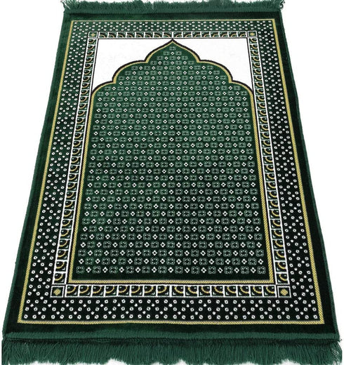 Modefa Turkish Islamic Prayer Rug - Thin & Lightweight Velvet Praying Carpet - Soft Muslim Praying Mat Janamaz - Ramadan or Eid Gift for Men & Women - with Car Hanger - Dancing Rose Vine (Green)