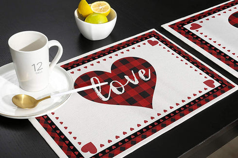 Valentines Placemats Set of 6 Love Hearts Placemats for Dining Table Red And Black Buffalo Check Plaid Tablemats For Home Wedding Party Valentine's Day Table Decorations Non-Slip Table Mats, 12x18 In