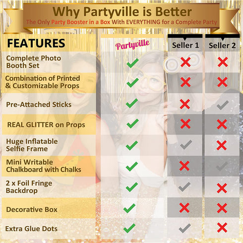 Partyville Photo booth Props - Real Gold Glitter Pre Assembled 23 Pcs Wedding Photo Booth Props - Customizable Birthday Photo Booth Props Selfie Frame & Foil Backdrop Roaring 20s Photo Booth Props