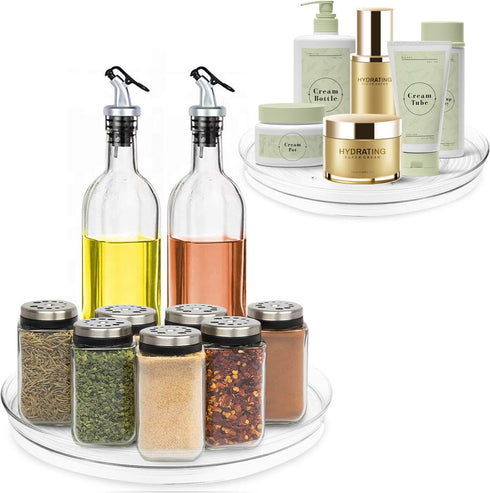 AF home goods Clear Lazy Susan Turntable 2 Pack, 10.6 Inch Kitchen Organization Turntable Cabinet Organizer, 360° Spinning Storage Container for Fridge Pantry Vanity Bathroom Countertop Makeup