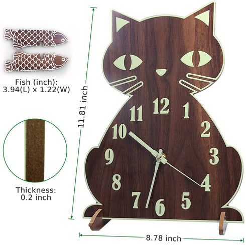 Lantoo Night Light Wall Clock, Luminous Wall Clock with Numerals & Hands Glow in Dark, Cat Wooden Wall Clock, Entirely Silent Wall Clocks Battery Operated for Kitchen Living Room Bedroom
