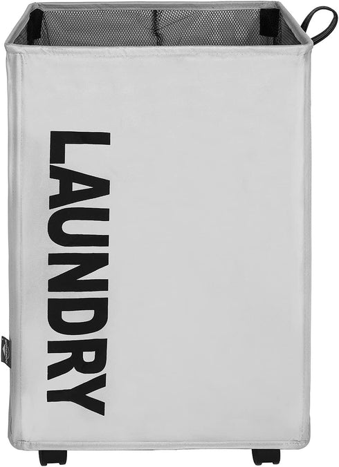 DOKEHOM Large Laundry Basket with Leather Handle on Wheels (4 Colors), Collapsible Laundry Hamper, Foldable Clothes Organizer, Folding Washing Bin (Grey, L)