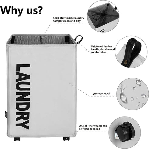 DOKEHOM Large Laundry Basket with Leather Handle on Wheels (4 Colors), Collapsible Laundry Hamper, Foldable Clothes Organizer, Folding Washing Bin (Grey, L)
