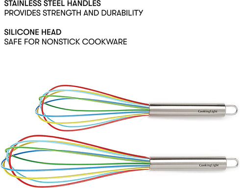 Cooking Light 2 Piece Silicone Whisk Set Multicolor Kitchen Tools, 11" and 9" Balloon