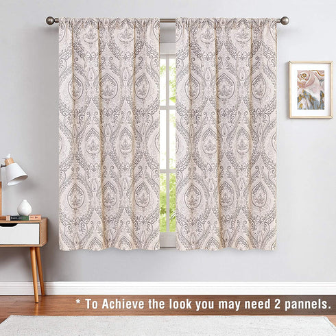 jinchan Tie Up Shade Curtains for Kitchen Living Room Damask Printed Paisley Rod Pocket Drapes Multicolor Medallion Flax Window Curtain 1 Panel 54 inches Long Grey on Beige