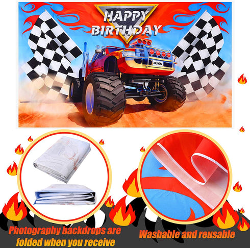 75 Pieces Monster Truck Party Supplies Monster Truck Balloons Decoration Set Including 1 Monster Truck Themed Backdrop 2 Monster Truck Balloons 2 Mosaic Race Foil Balloons and 70 Multicolor Balloons